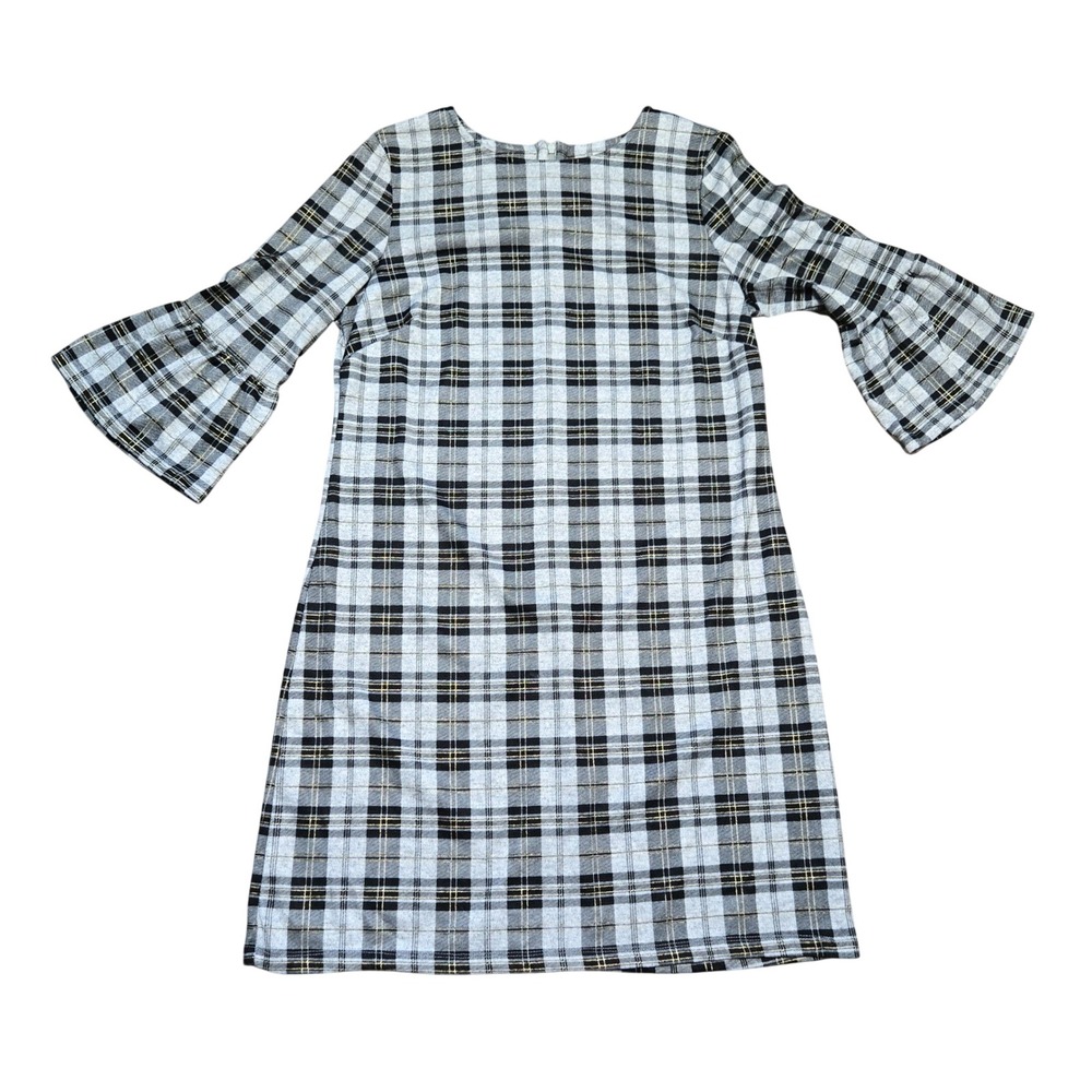 Violet B. Grey Plaid Metallic Gold Bell Sleeve Shift Dress Large L Zip Back